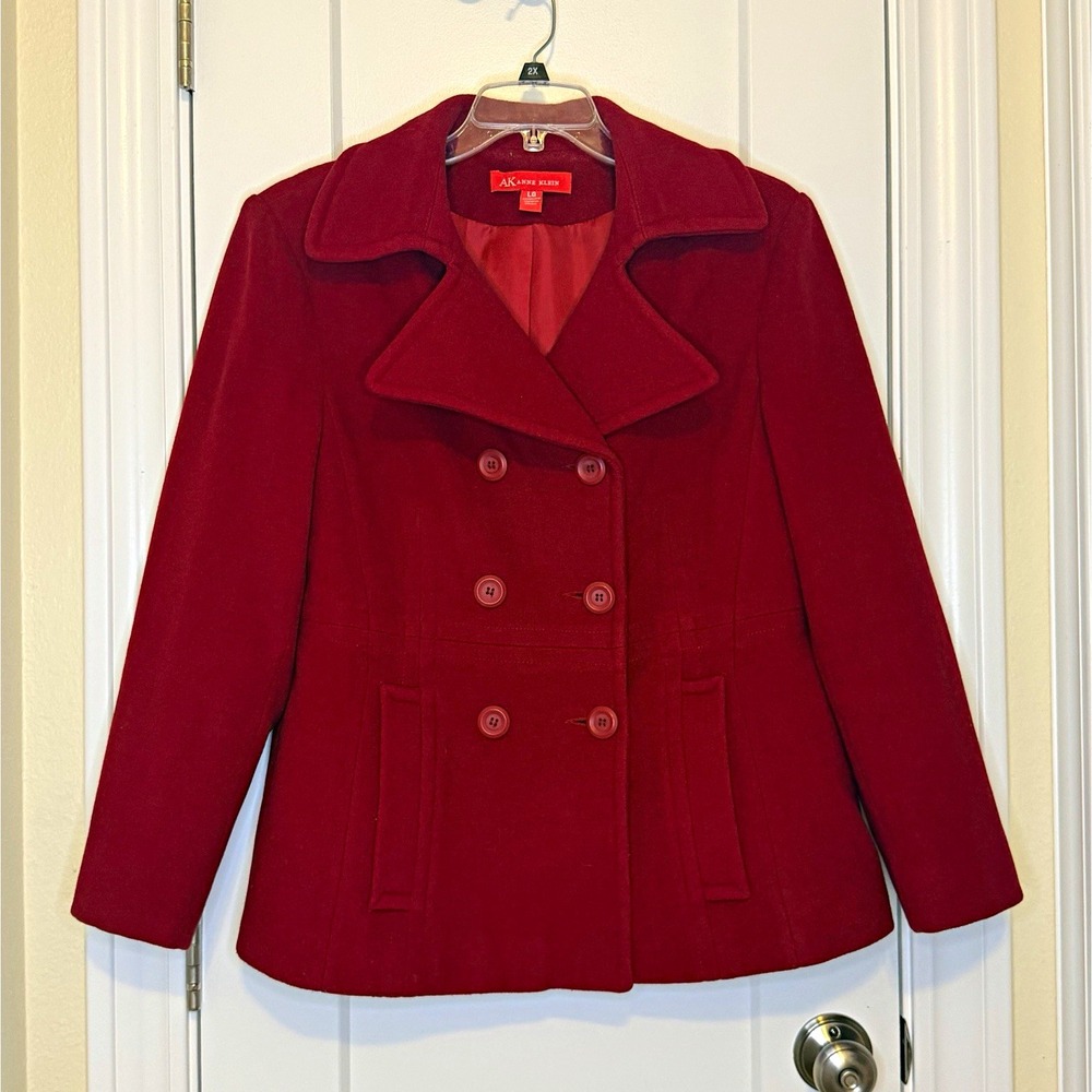 Anne Klein Womens LG Red Wool Blend Double Breasted Peacoat Lined Coat Academia